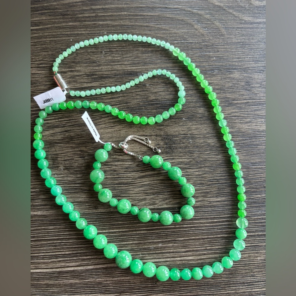 Green Aventurine Gemstone Necklace & Adjustable Bracelet Set Sterling Silver 925